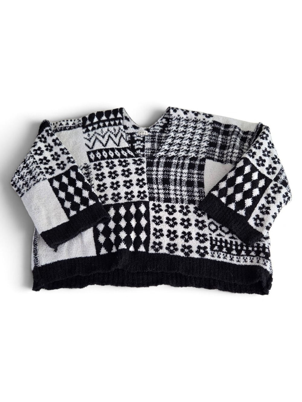 POL Black & White Patchwork Knit Pullover Sweater